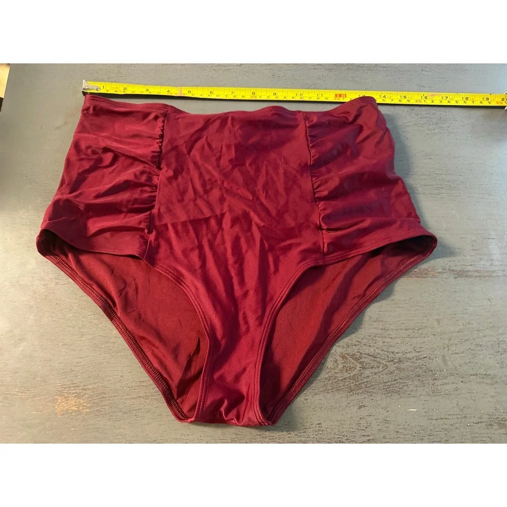 Aerie Womens High Rise Ruched Bikini Bottom Burgundy Wine Red Size Large